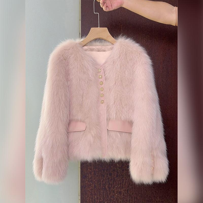 Женская короткая шуба из искусственного меха лисы с кожаной отделкой, на пуговицах, теплая зимняя куртка