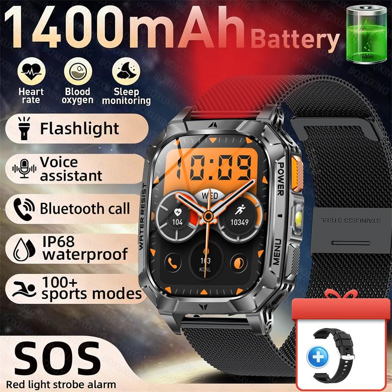 Rugged Outdoor Smart Watch 1400mAh 2.01" HD Screen Bluetooth Call GPS IP68 Waterproof Flashlight SOS Fitness Watch for Men