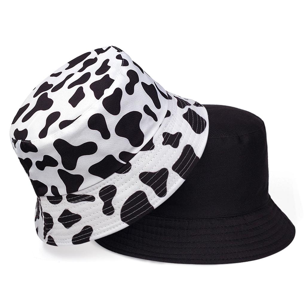 Fashion Cow Print Black Spotted Pattern Fisherman Hat Couple Outdoor Travel Sunscreen Hats Foldable Double-sided Bucket Cap Hip Hop Caps