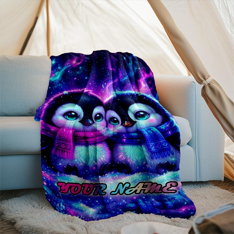 1PC Custom Name Penguin Love Space outdooor Flannel blankets Throw Blanket All-Season Throw Gift Bedspread for Couch, Bed, Camping Holiday Birthda