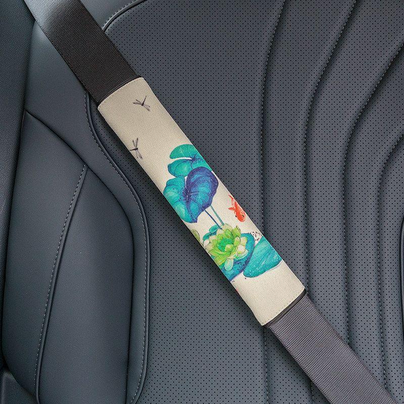Seatbelt Shoulder Pads Made of Cotton and Linen, Suitable for All Seasons, Summer Use, Couple Style, Ethnic Chinese Style, Lotus Design, Non-Fading