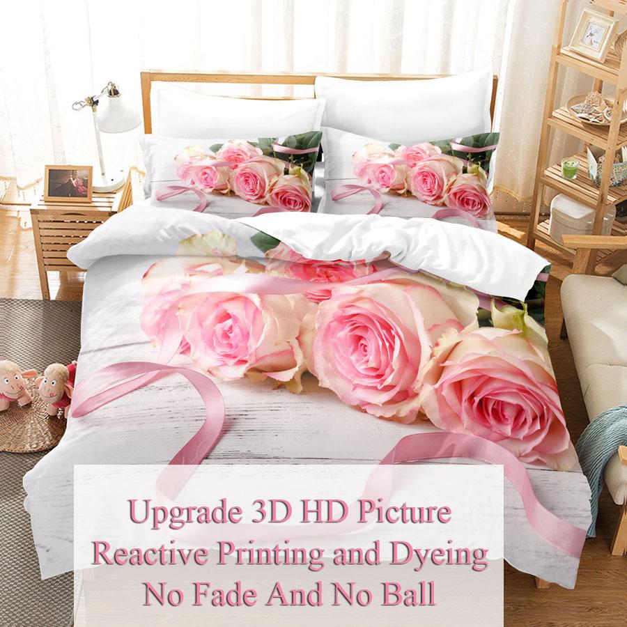 Pink Flower Duvet Cover and Pillowcases Set King Size 220x240 Double Bed Single 3D Queen Bedding Sets Pink Full Twin Quilt Linen