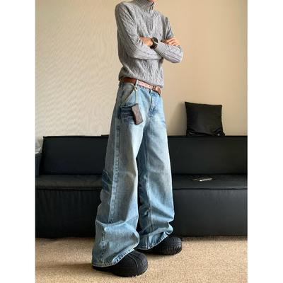 Осень и зима Новые американские джинсы High Street Washed Light Color для мужчин и женщин Прямые слегка расклешенные свободные широкие брюки