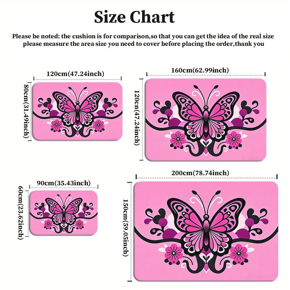 Pink Butterfly Floral Area Rug, Non-Slip Soft Carpet for Living Room Bedroom, Cute Cartoon Decorative Floor Mat for Kids Room