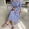 New Arrivals Open Run Women Stripe Waist Button Collar Neck Short Sleeve Long Fl