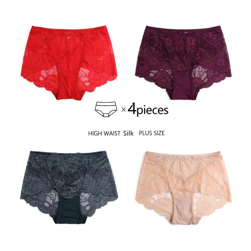 4pcs Plus Size M-XXL Panties Lace Floral Mid Rise Women Underwear Briefs High Quality Panty