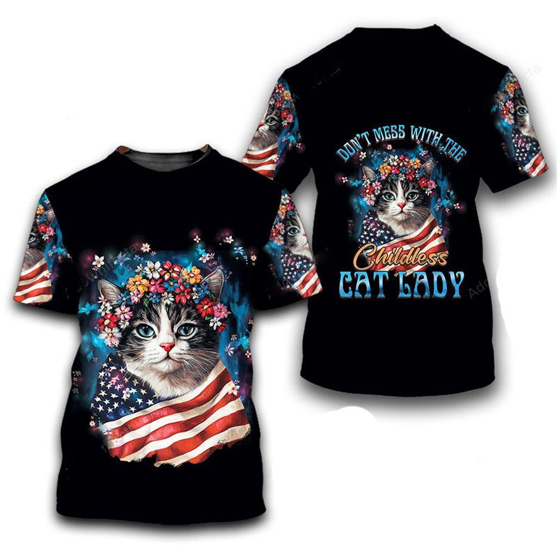 Футболка с милым домашним котом и 3D-принтом, унисекс, повседневная, смешная, повседневная, с коротким рукавом, красочный ретро-узор, модная футболка