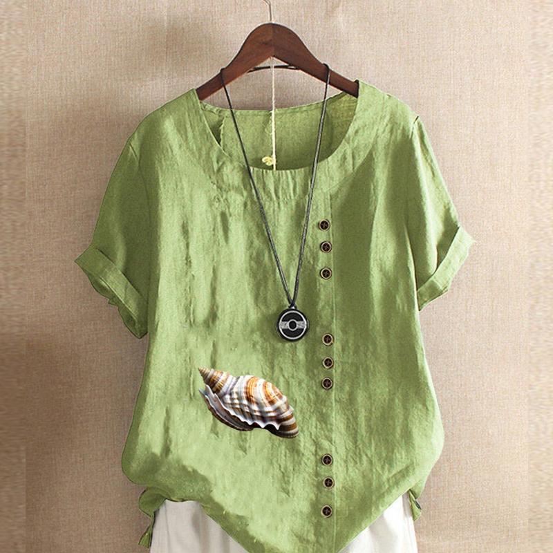 Женская модная футболка с круглым вырезом и коротким рукавом, повседневная хлопковая льняная рубашка с рисунком, свободная летняя блузка с принтом ракушек для отдыха, топы