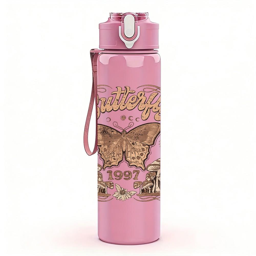 1PC Butterfly Vintage Ornate Frame Print 750ml Color Plastic Sports Water Bottle Leakproof Flip Straw Lid Suitable for Sports Office Home Use
