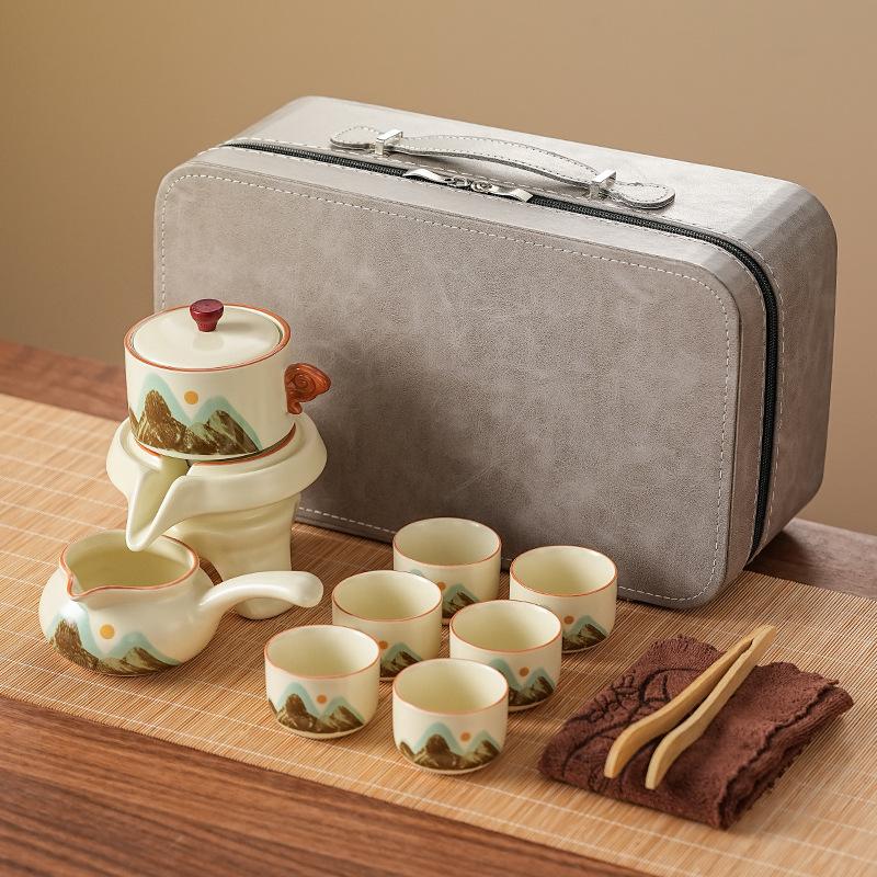 Automatic tea set, semi-automatic water outlet, not hot, Guochao Qingshan Ru kiln set, business ceramic teacup with gifts