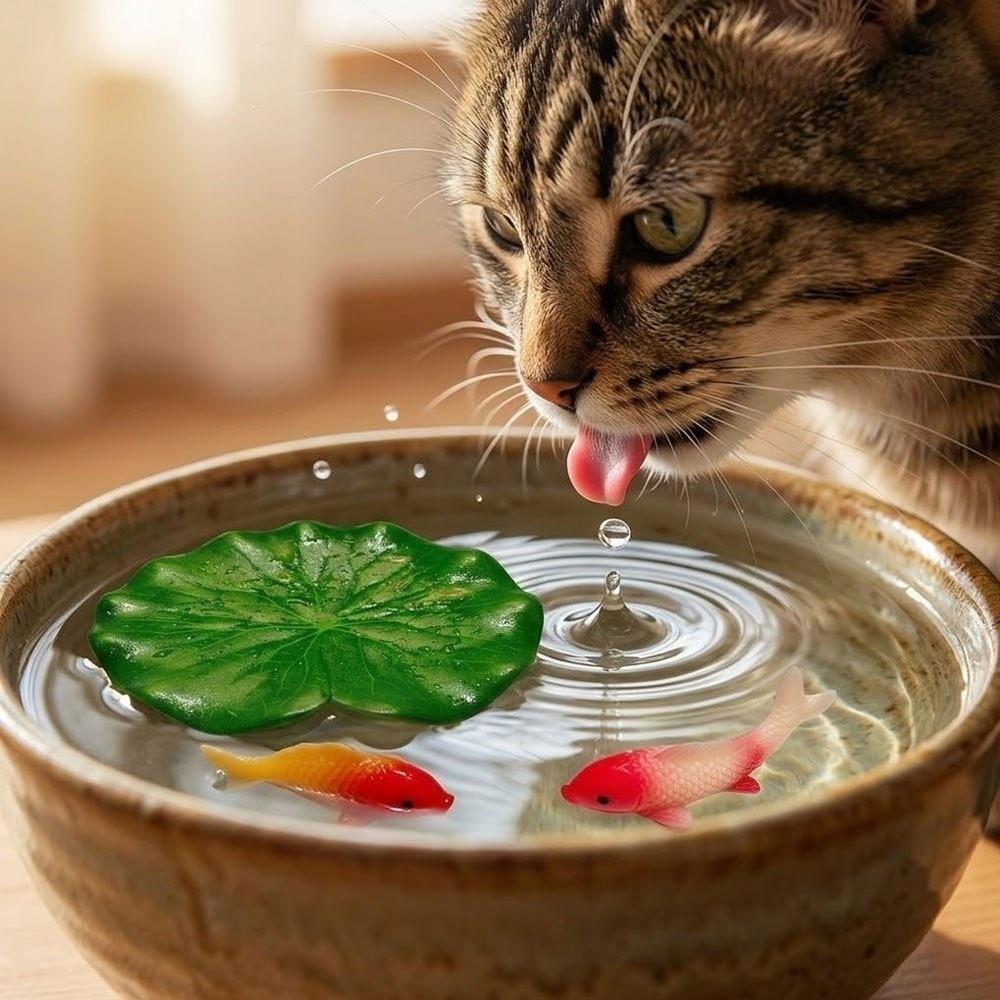 Lifelike Cat Drinking Water Ornament Realistic Artificial Floating Lotus Leaves Pond Decor