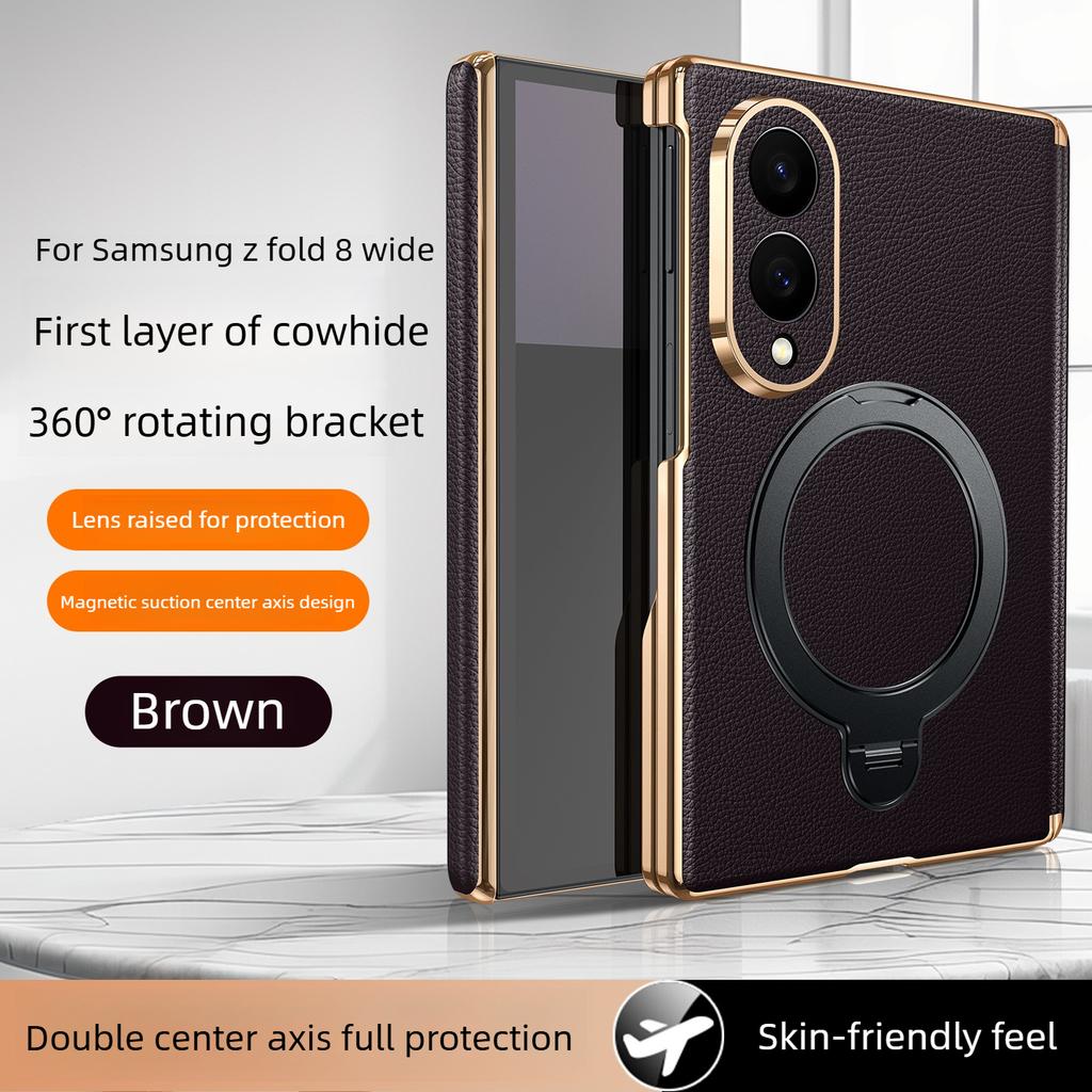 Dual-hinge Protection Back Phone Case for Samsung Z Fold 8 Fold7/w26 Fold8 Ultra Genuine Leather & Magnetic Rotating Stand Case