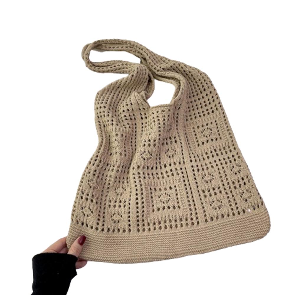Woven Crochet Mesh Bag Solid Color Shopping Handbag Simple Knitting Shoulder Bag Summer