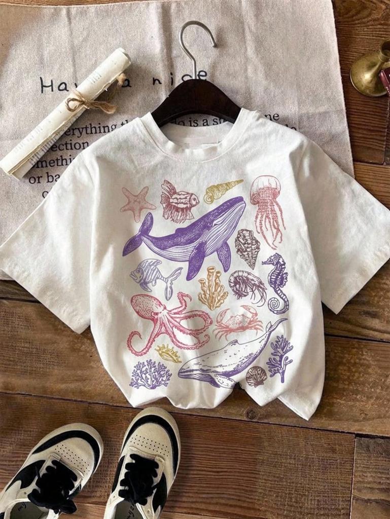 Girl T-Shirt Retro Vacation Colorful Marine Life Beach Print Casual Round Neck Short Sleeve T-Shirt Summer Kids Boys Girls Tops