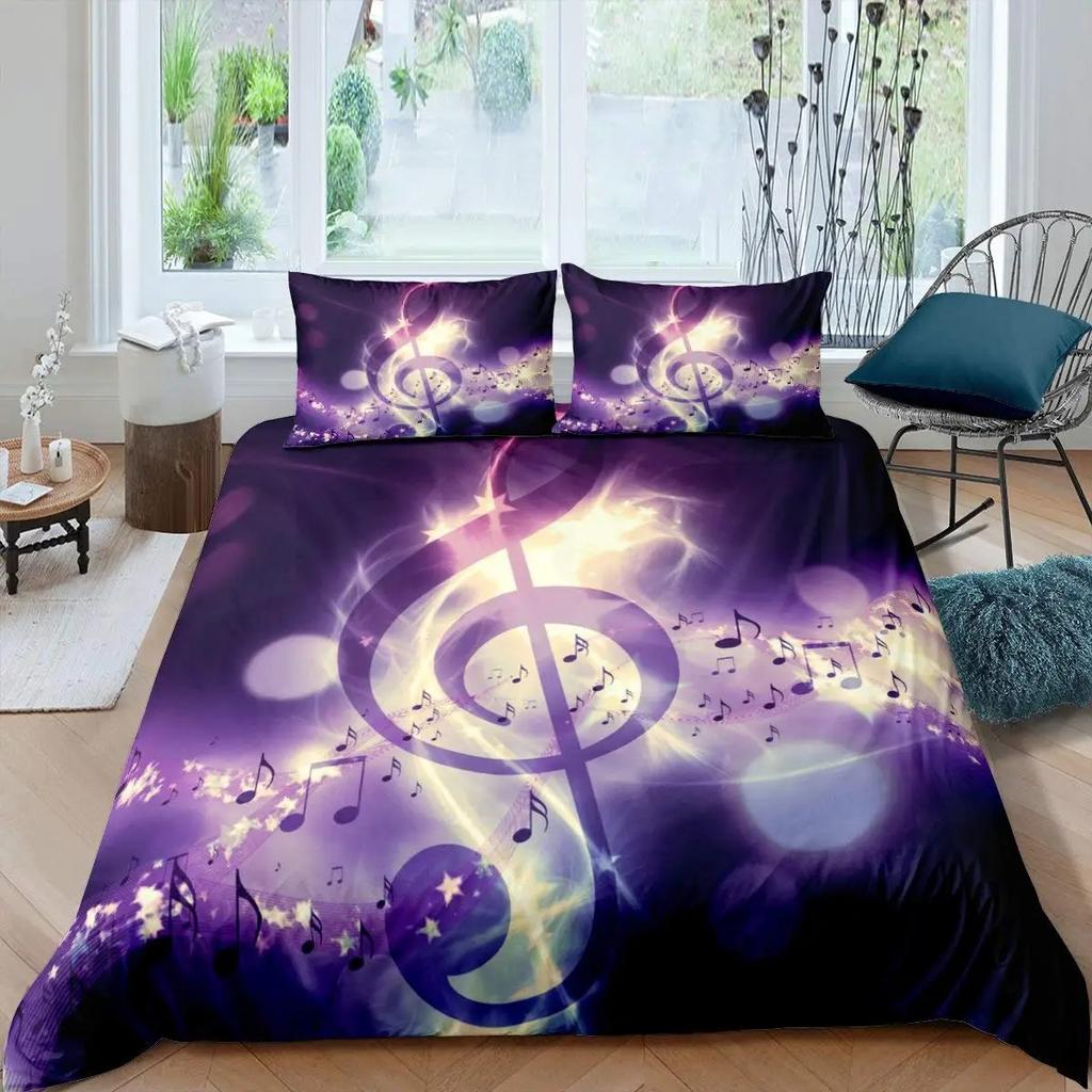 Music Notes Duvet Cover Collection Queen Size Purple Musical Theme Bedding Collection Gold Shiny Pattern Comforter Cover For Kids Girls Adult