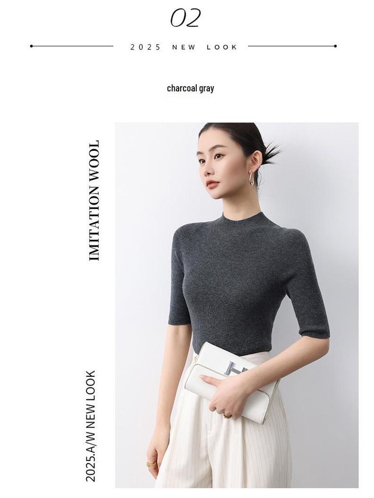 Ancola Women's Red Slim-Fit Wool Cardigan, Half-High Neck, Short Sleeves - 2025 Spring/Summer Thin Style Knitted Base Layer.