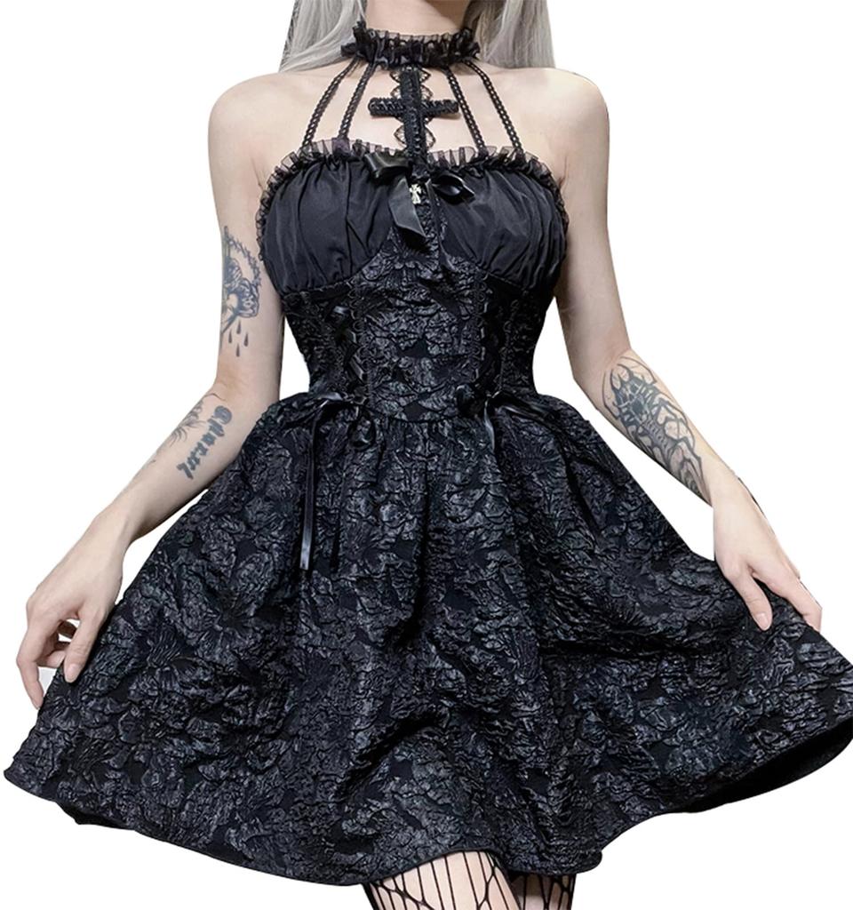 QOOLY Cosplay Halloween Gothic Dress Lolita Halloween Costume Sweet Lolita Princess Cosplay Lolita Harajuku Cute Lady Stage Costume Black M
