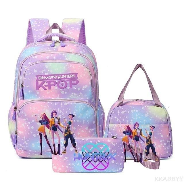 Трехкомпонентный набор K-pop Девушка-Охотник на Демонов Цветной Школьный Рюкзак Сумка для Ланча Пенал Подарочная Коробка