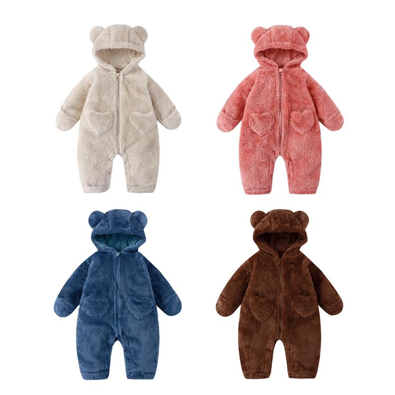 Infant Baby Hooded Romper Plush Jumpsuit