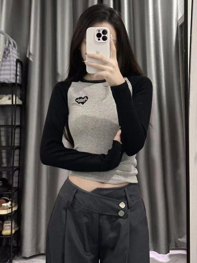 2023 Осень Корейский Ретро Колорблок Реглан Приталенный С Длинным Рукавом Женский Базовый Слой Топ