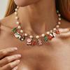 Ingemark Boho Imitation Pearls Snowman Christmas Tree Elk Pendant Choker Necklace  Women Trendy Metal Chain Christmas Jewelry