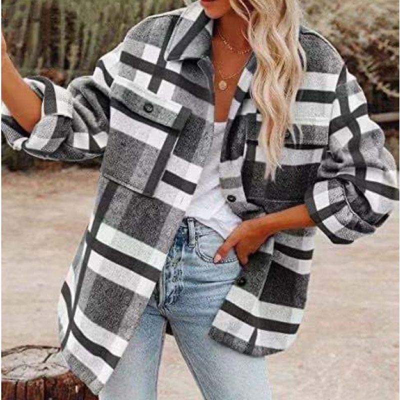 Женская повседневная клетчатая куртка с длинным рукавом и лацканами, осенняя утолщенная фланелевая рубашка с пуговицами, свободное теплое шерстяное пальто с двумя карманами