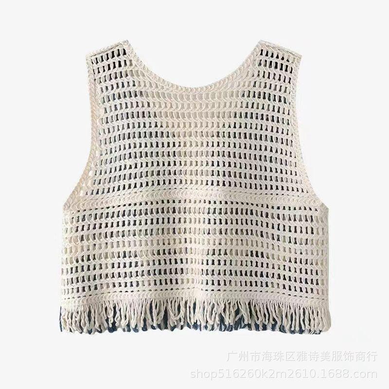 Retro Hook Flower Hollow Out Knitted Vest Cardigan for Women In Autumn Loose and Versatile V-neck Short Top Trendy