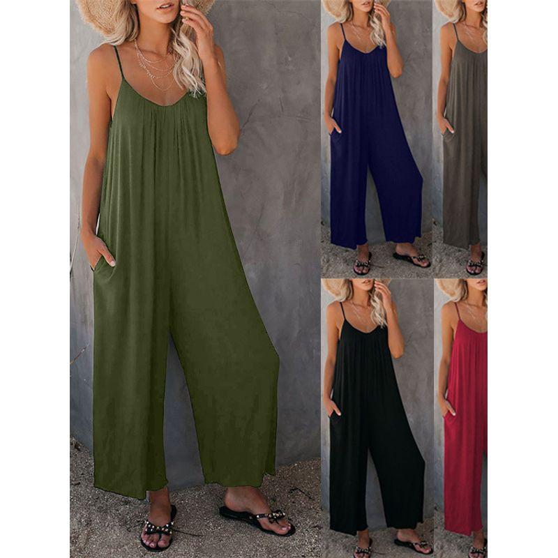 Solid Color U-neck Sleeveless Jumpsuit Women's Pure Color U-Neck Sleeveless Jumpsuit