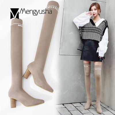 Модные новые европейские эластичные тканевые носки-ботинки, облегающие длинные ноги выше колена, вязаные с буквами, челси, эластичные слипоны, ботильоны для верховой езды
