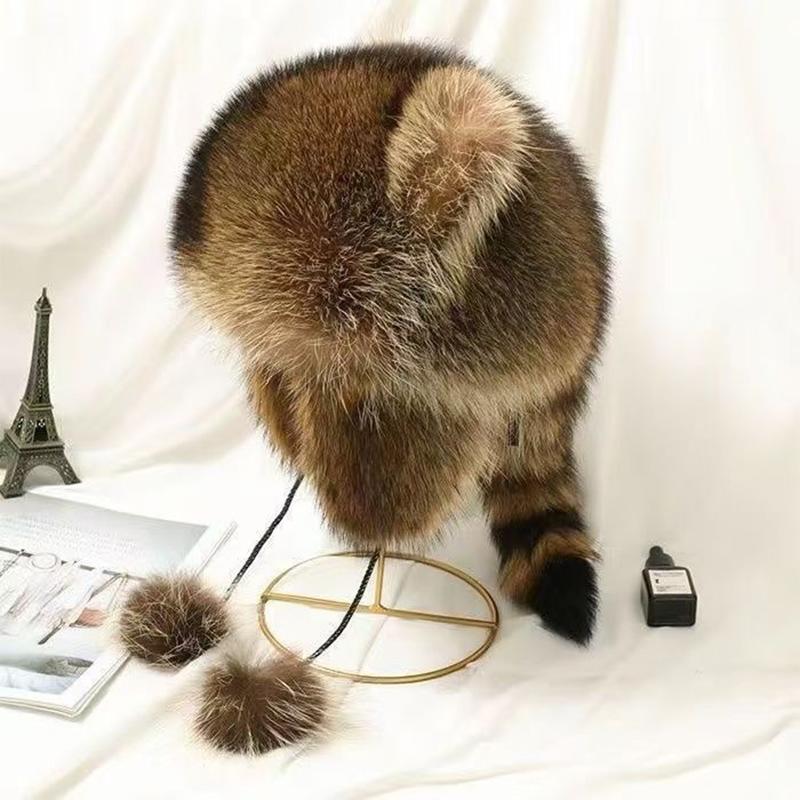Cute Raccoon Tail Plush Cap Women Winter Windproof Thick Warm Ears  Outdoor Ear Flaps Bomber Hat  Hat