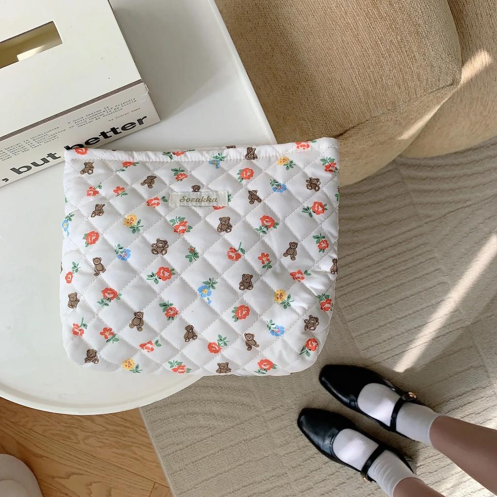 Cute Pink Women's Cosmetic Bag Make Up Case Quilted Cotton Travel Storage Bags Portable Wash Bag Clutch Purse Handbags Mommy Bag