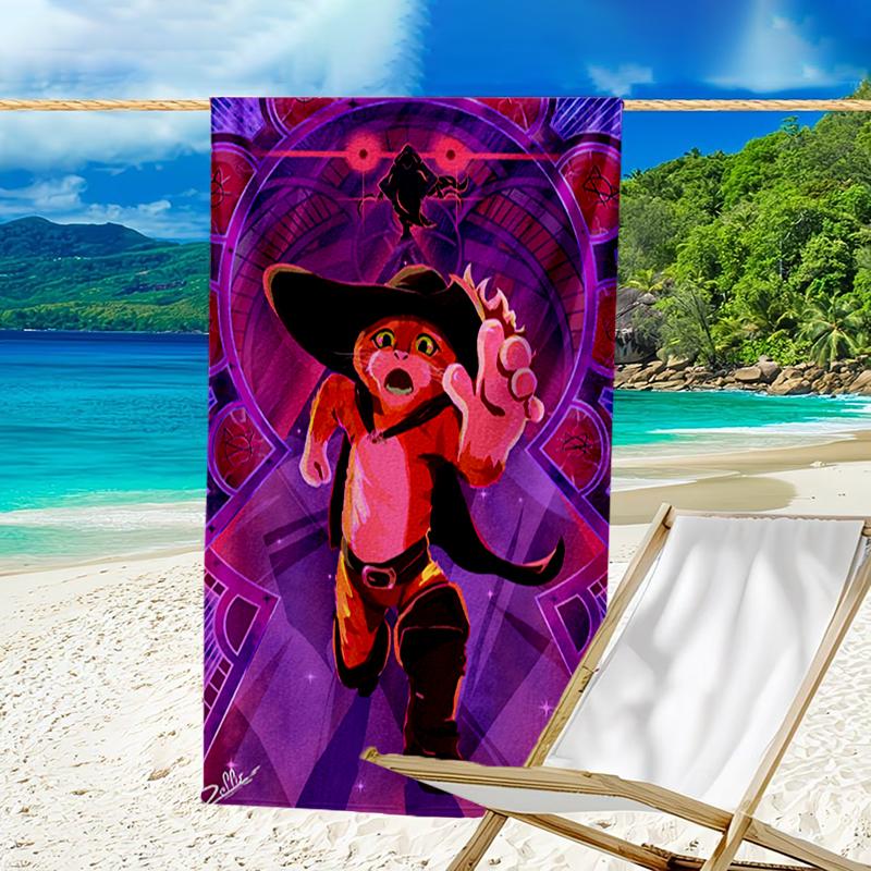 Ultra-Soft Beach Towel with Puss In Boots Theme,Ideal for Pool - Camping, Diving - Perfect Travel Essential, Vibrant Beach Towel.
