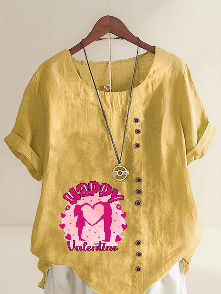 Women's Fashion Love Letter Print Casual Cotton Linen Short Sleeve Round Neck T-shirt Shirt Leisure Loose Summer Blouse Tops