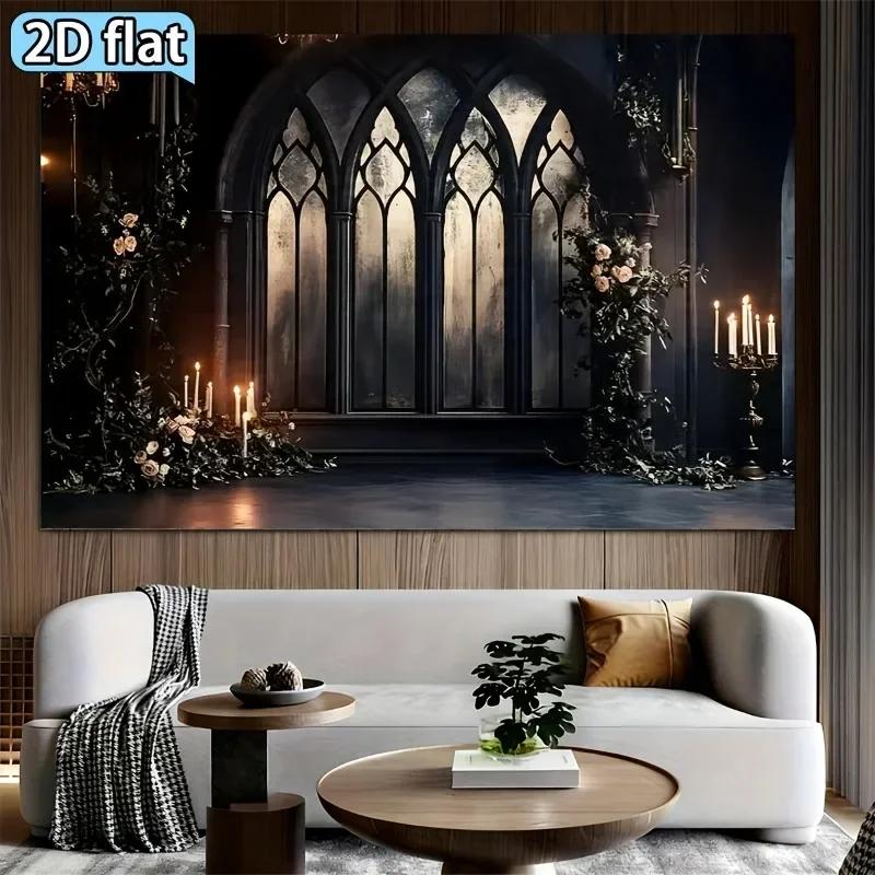 2D Flat 1PC Dark Gothic Church Arch Window Photography Fabric, creating a retro and mysterious atmosphere.zyc