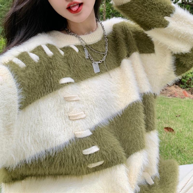 Real Shot Large Size Women's Clothing Striped Mink Fleece Pullover, Loose Design, New Thickened Knitted Sweater Women's Sweater