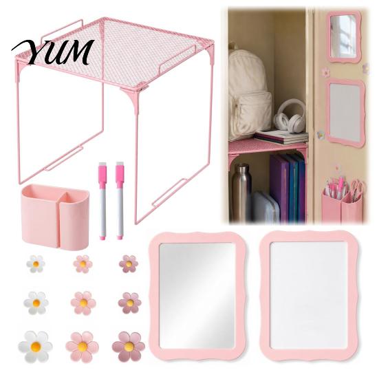Locker Organization Accessories 15Pcs/Set Pink for School Girls, with Shelf, Dry Erase Whiteboard, Girls Supplies Markers, Mirror, Pen Holder, Flower