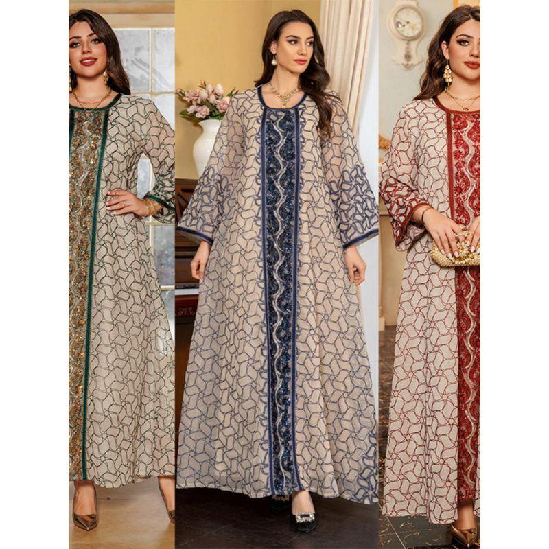 Indonesia Middle East Turkey Arab Dubai Saudi Gauze Embroidered Sequin Robe Dress Dresses