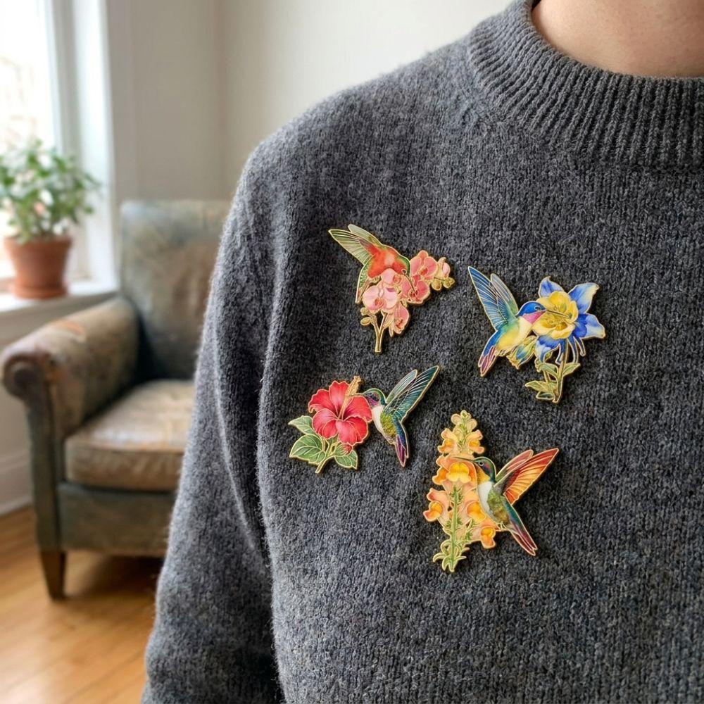 Chinese Style Hummingbird Flower Enamel Pin Colorful Luxury Bird Badges Backpack Clothes