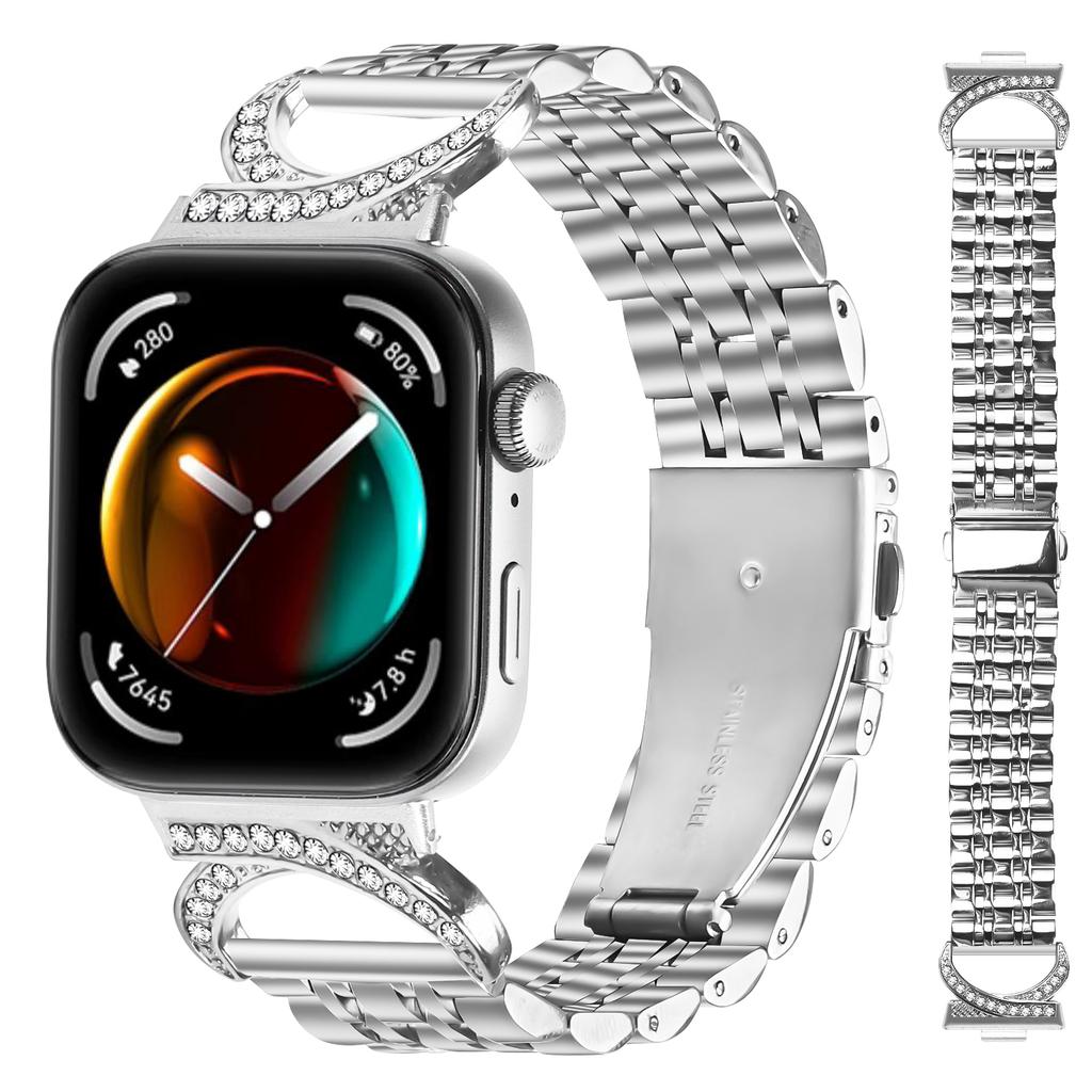 Ремешок для часов Huawei Watch Fit 4 Pro/Fit 4/Fit 3, семизвенный из нержавеющей стали, с rhinestone, коннектор в стиле бычьего рога