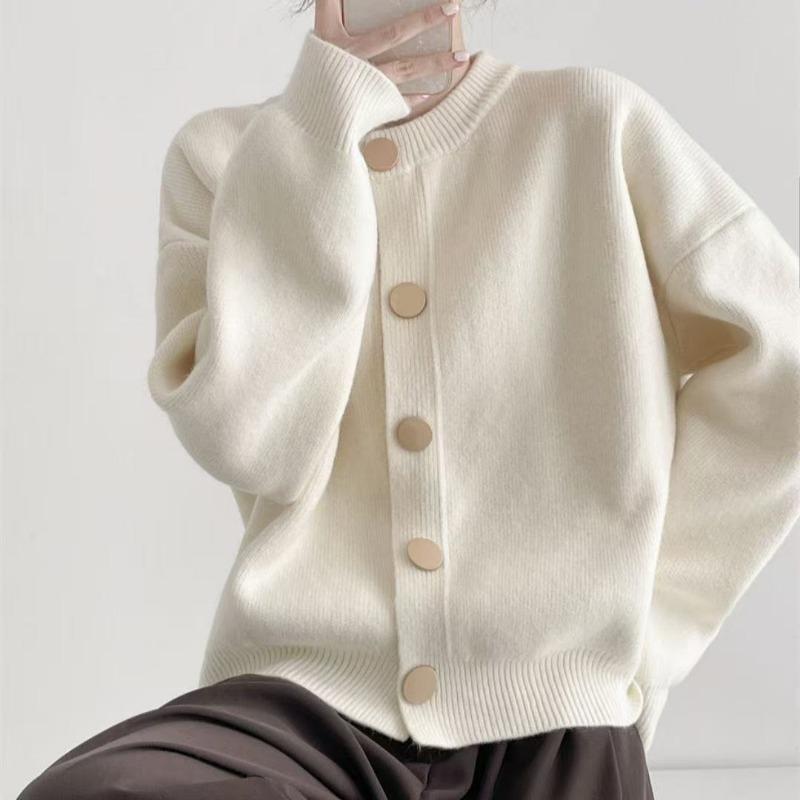Дизайнерский однорядный трикотажный кардиган-жакет на весну и осень, однотонный, ленивый стиль, новый свободный топ с круглым вырезом на весну и осень