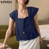 VONDA Женские блузки с квадратным вырезом, повседневные плиссированные топы с коротким рукавом