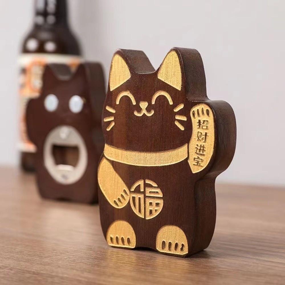 Wooden Fortune Cat Bottle Opener Lucky Magnetic Cap Remover Decoration Kitty Fridge Magnet Gift