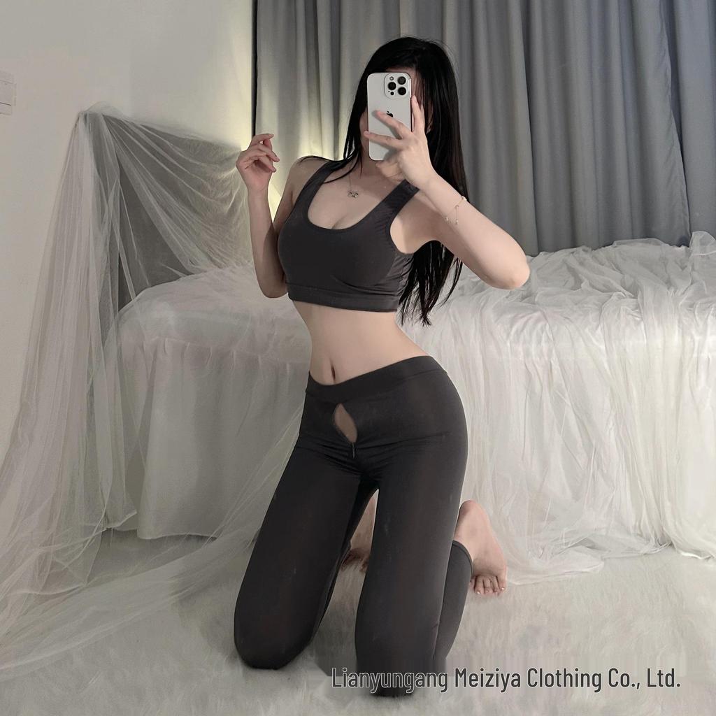 Сексуальные брюки для йоги из ледяного шелка с открытой промежностью и невидимой молнией