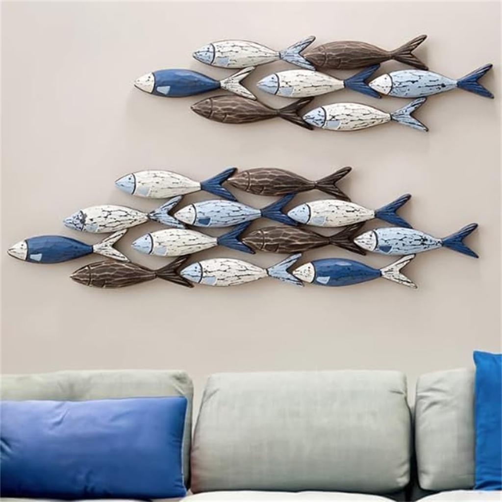 3D Fish School Coastal Wall Art - Large Wooden Ocean Sculpture with Blue Silver Light Green Patterns Modern Beach-Themed Metal Hanging Decoration