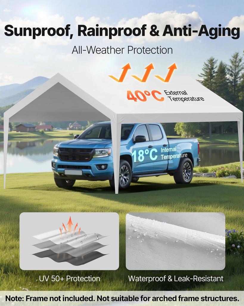 Carport Replacement Canopy, 3.6 x 6 m Potable Garage Tent Top Tarp, UV-Resistant & Waterproof Car Shelter Tarp, Heavy Duty Car Port Cover with Ball
