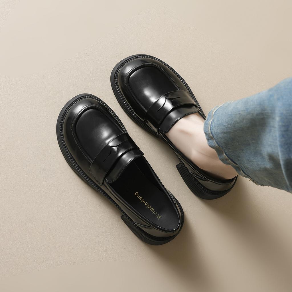 Thick-soled Women's Retro Spring One-footed Black Small Leather Shoes Soft-soled Single Shoes Women