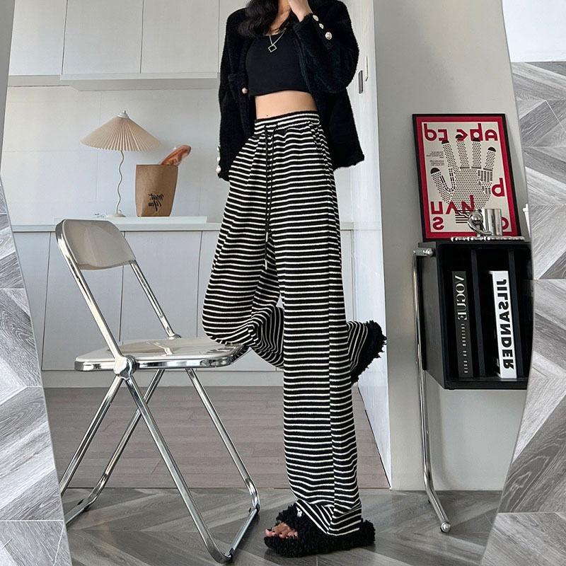 Black and White Towel Pants Straight Wide-leg Women's Pants Spring New High Waist Loose Drape Soft Waxy Drawstring Sports and Leisure