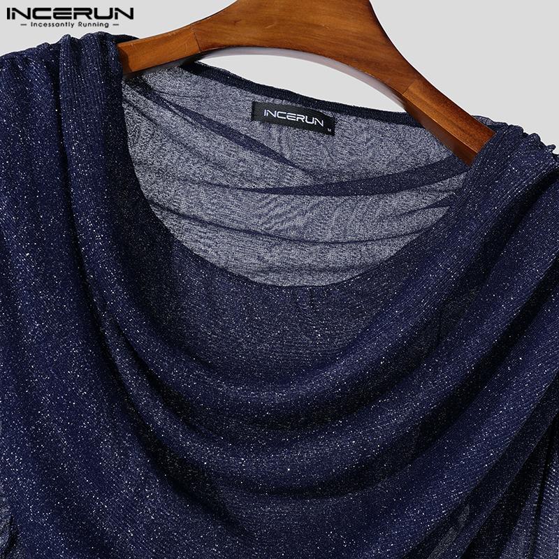 INCERUN Мужские топы с длинным рукавом и оборками из блестящей сетки для вечеринок и клубов, футболки