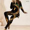 Women Plus Size Two Piece Set Front Zip Long Sleeve White Gold Silver Printed Top And Fitted Pants