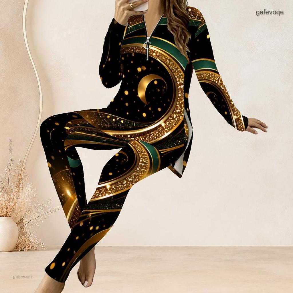 Women Plus Size Two Piece Set Front Zip Long Sleeve White Gold Silver Printed Top And Fitted Pants